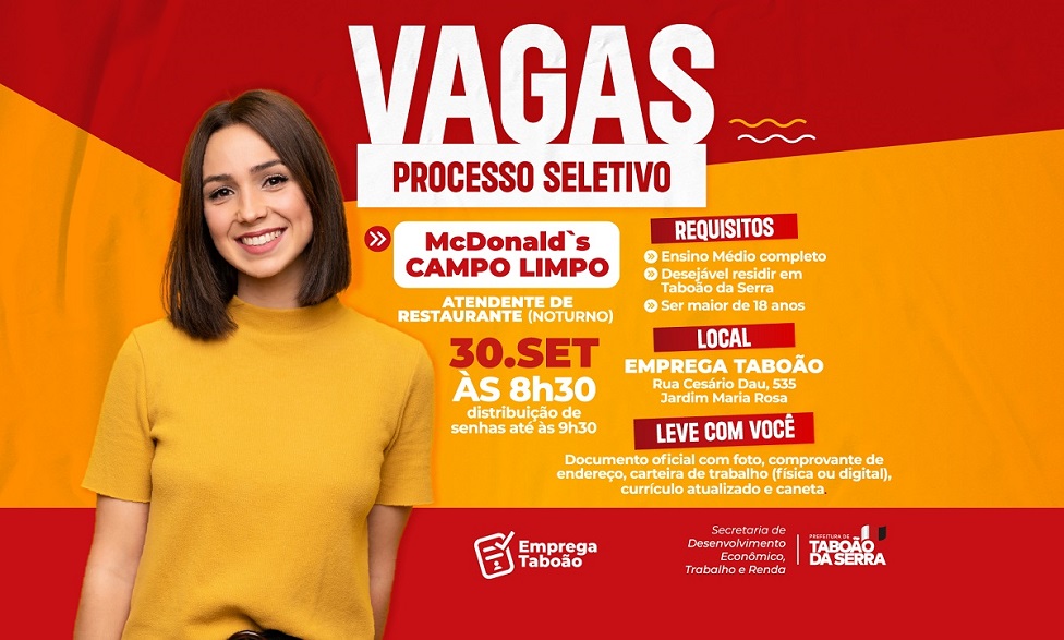 McDonald's do Campo Limpo realizará seleção em parceria com o Emprega Taboão
